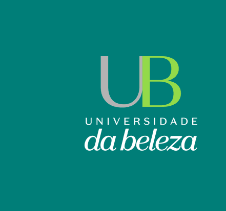 Nas cores cinza, verde e branco, o logo tem destaque para as principais iniciais: UB, com a escrita "universidade da beleza" abaixo das iniciais em destaque.