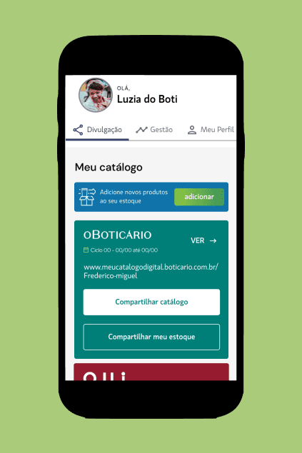 Imagem de smartphone com o app do revendedor aberto exibindo o link para compartilhamento do catálogo digital